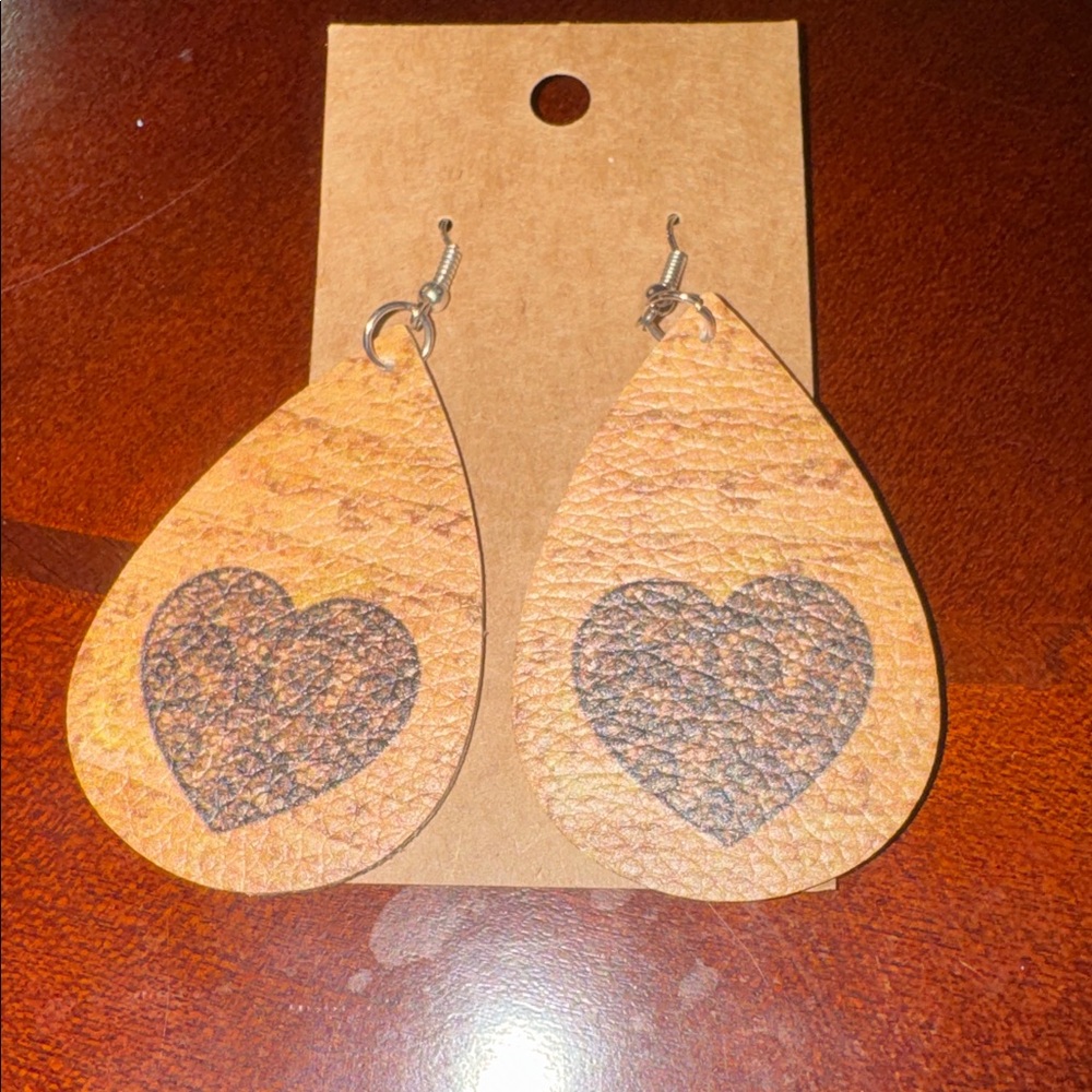 Faux Leather Brown Heart Earrings - Picture 1 of 4